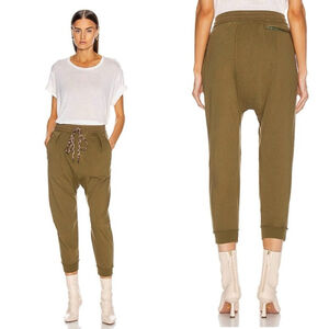 R13 Harem Sweatpants Army Green Drop Crotch with Leopard Drawstring Joggers - S